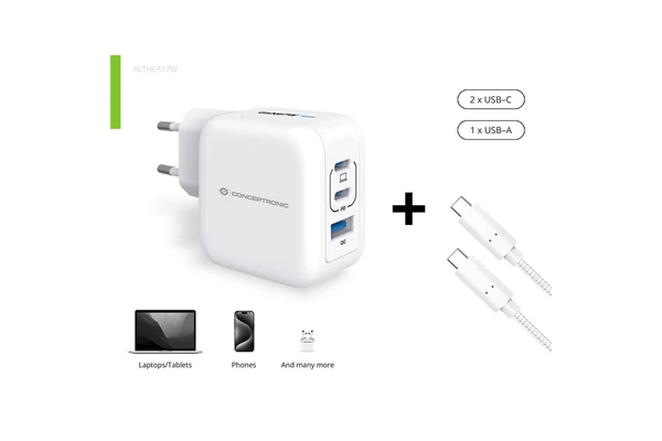 Conceptronic telefon töltő adapter+kábel - ALTHEA17W (2xUSB-C+USB-A, 67W, USB-C töltő kábel, fehér)