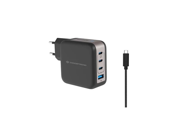 Conceptronic telefon töltő adapter+kábel - ALTHEA18B (3xUSB-C+USB-A, 100W, USB-C töltő kábel, fekete)