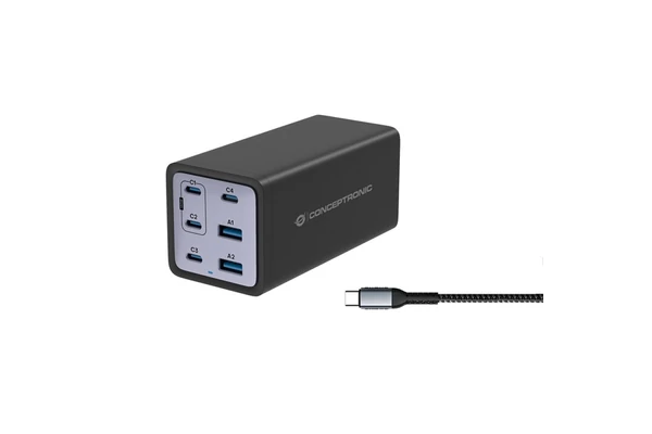Conceptronic telefon töltő adapter - OZUL06BE (4x USB-C+2x USB-A, 200W, fekete)